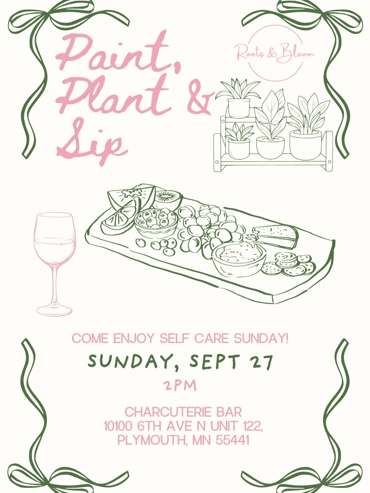 When&rsquo;s the last time you took a Sunday just for YOU?
Join Roots &amp; Bloom for Paint, Plant &amp; Sip at the Charcuterie Bar! We&rsquo;re painting pots, planting something beautiful, sipping, and making space for good conversation, laughter, a