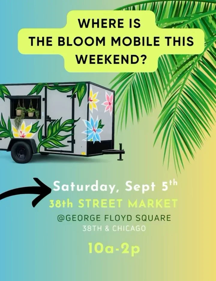 Where is the Bloom Mobile this weekend?
Catch us at the 38th Street Market this Saturday, September 5th, from 10 AM&ndash;2 PM at George Floyd Square!
Come shop plants, pots, accessories, our chunky soil mix, Roots &amp; Bloom tees, tote bags and mor