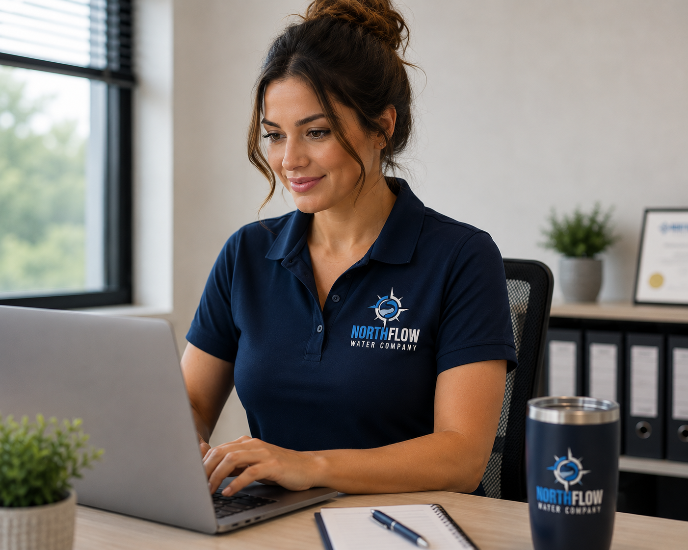 A woman working at her desk wearing a Navy Blue polo shirt that says 'North Flow Water Company', with a smiling expression, a laptop, a notebook, a pen, a black tumbler with the same logo, and a plant on her desk, in an office with a window and files in the background.