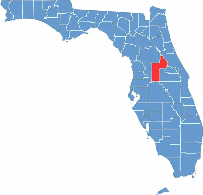Map of Florida with counties outlined, with one county in the central part of the state highlighted in red.