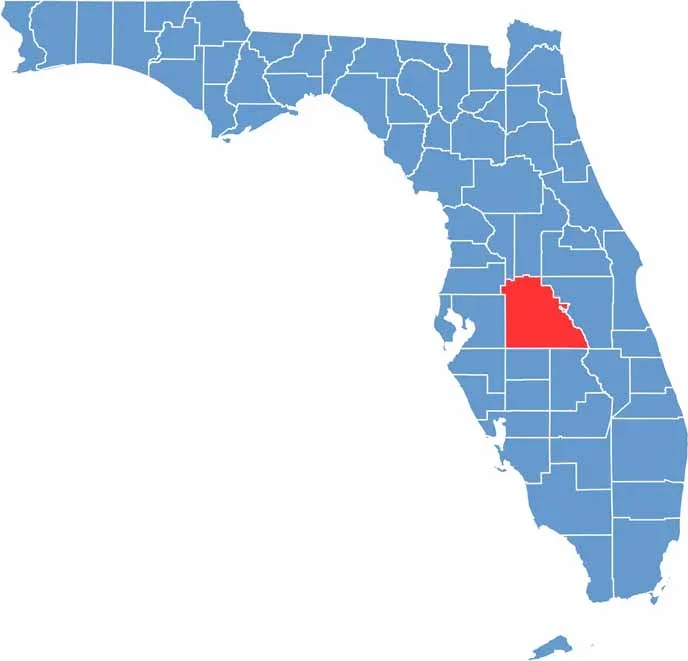 Map of Florida with several counties in blue and one county in red, indicating a specific highlighted area.