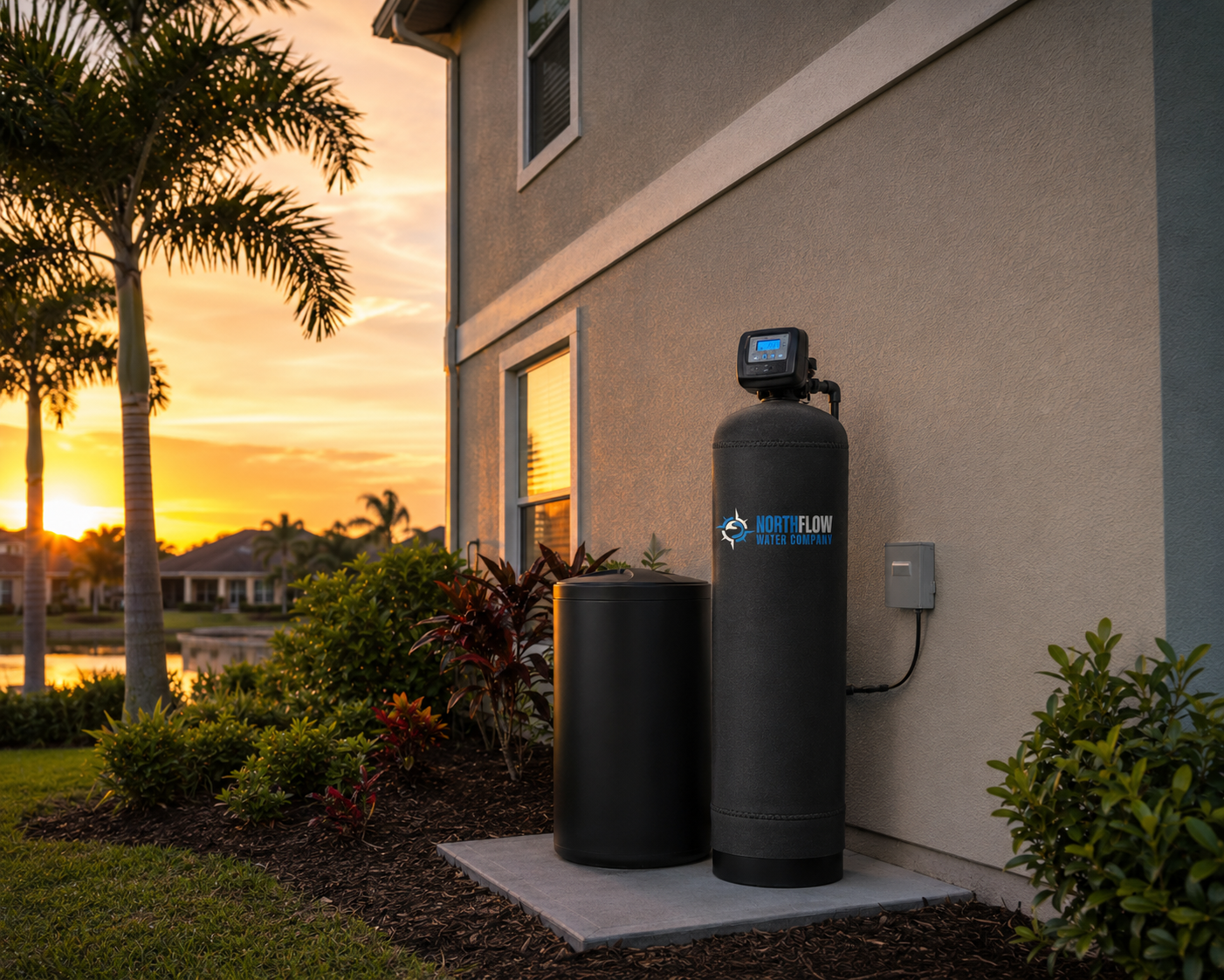 Water filtration system with a digital control panel installed outside a house at sunset, surrounded by bushes and palm trees.