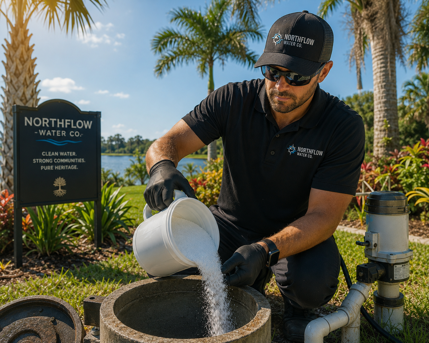 Man pouring a white grain chemical into an open well; performing a chlorine shock treatment to a home well system.