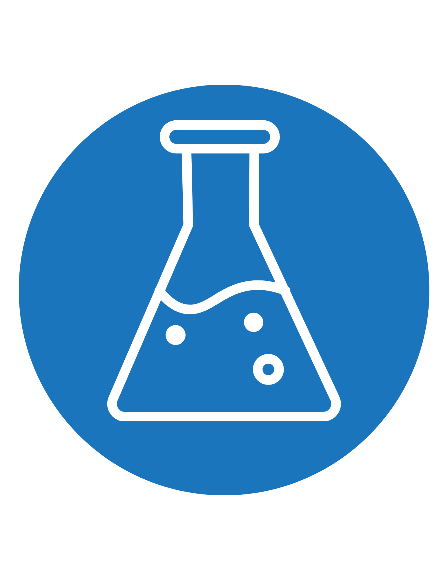 Blue circular logo with a white outline of a laboratory flask with bubbles inside.