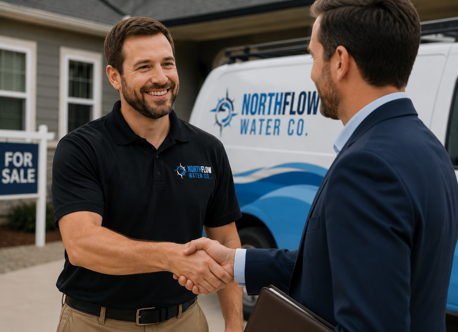 Two men shaking hands outside a house, one in a black polo shirt with a company logo, the other in a navy suit, with a NorthFlow Water Co. truck and a 'For Sale' sign in the background.