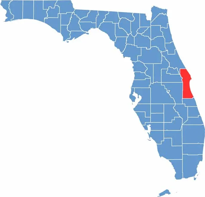 Map of Florida with all counties highlighted in blue except Brevard County highlighted in red.