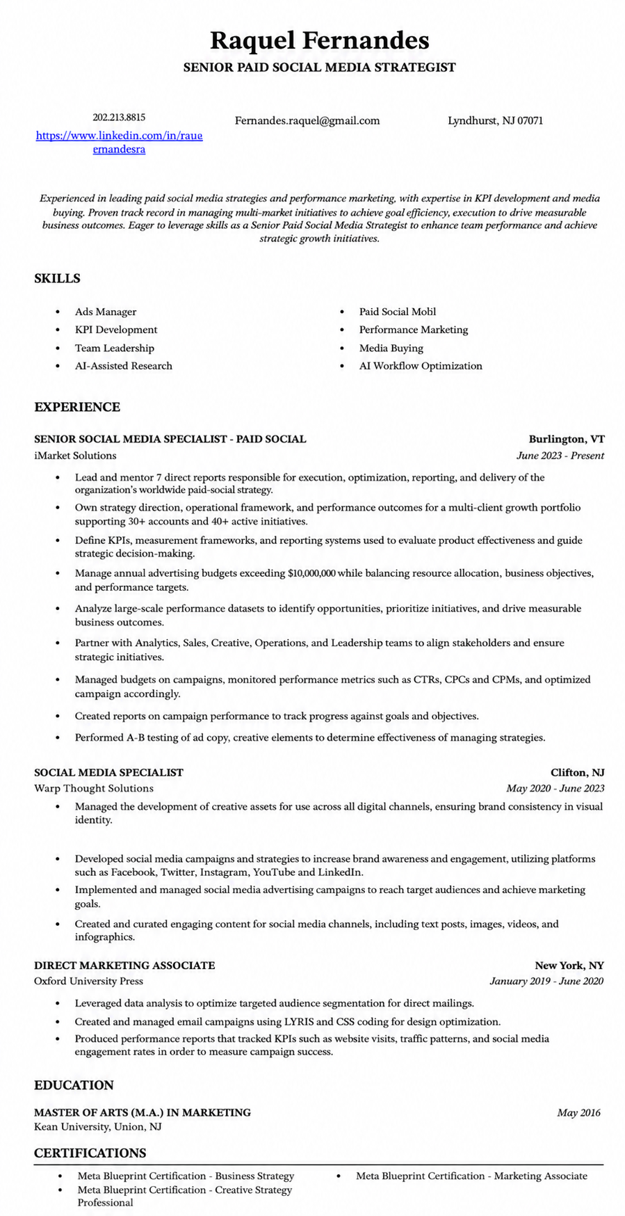 A professional resume belonging to Raquel Fernandes, a senior paid social media strategist. It includes her contact information, skills, experience, education, and certifications.