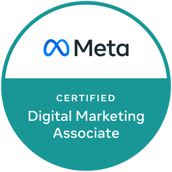 Meta Certified Digital Marketing Associate badge logo with a white and teal design.
