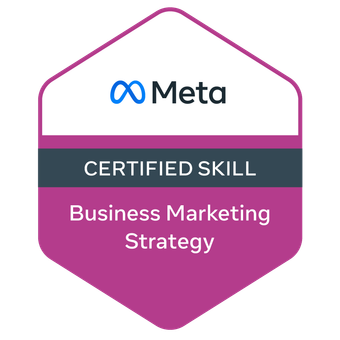 Meta Certified Skill badge for Business Marketing Strategy with a hexagonal shape, Meta logo, and purple and gray colors.