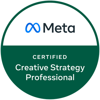 Meta Certified Creative Strategy Professional badge with Meta logo and green and white design.