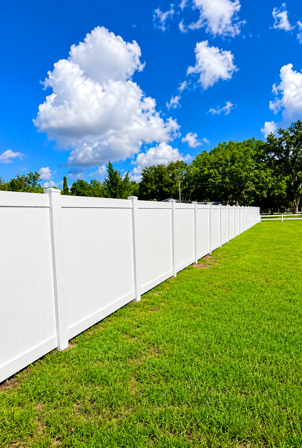 A white fence running along a grassy yard under a bright blue sky with scattered white clouds.