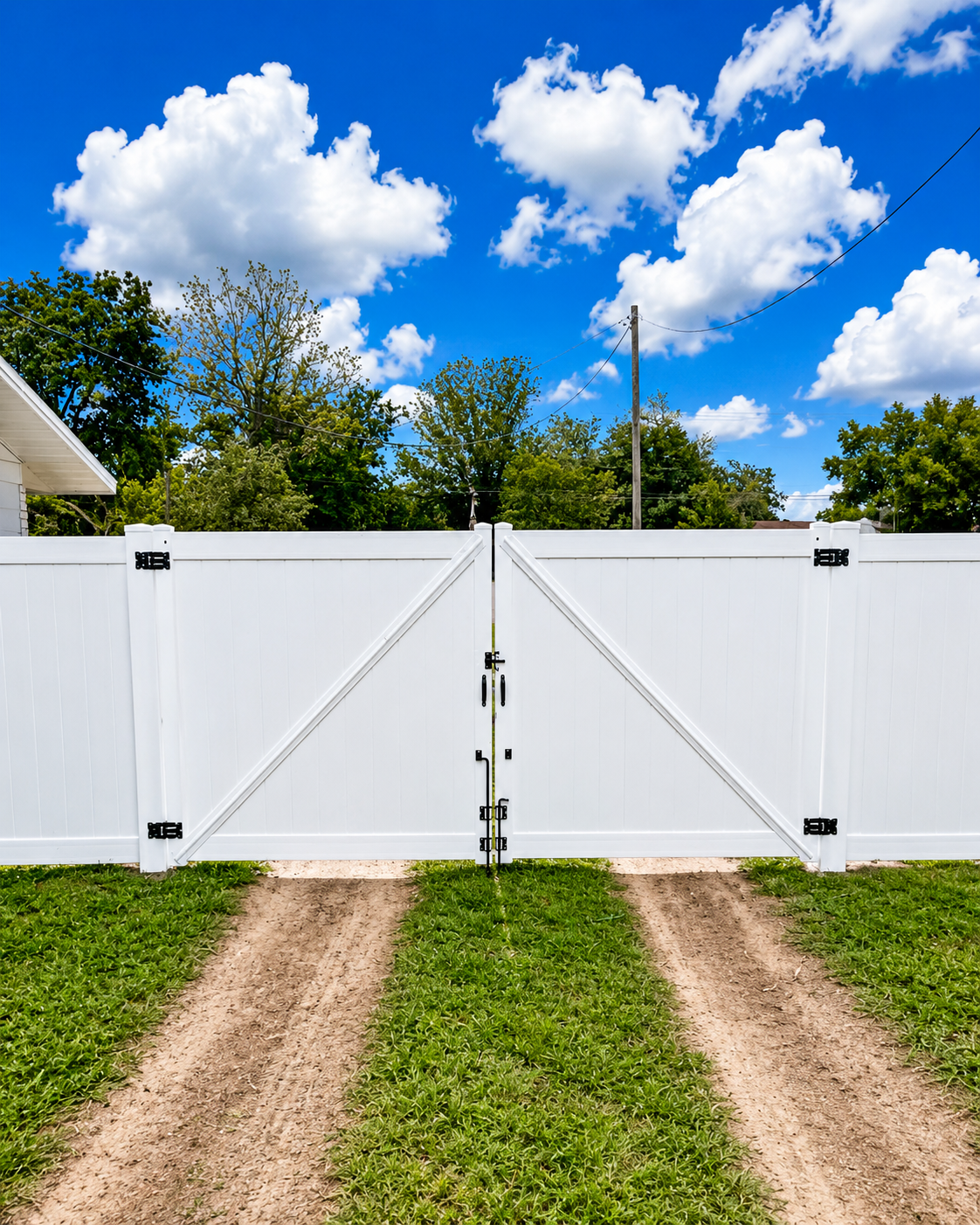 A white vinyl fence with a gate, situated on a grassy lawn with parking tracks leading up to it. In the background, there are leafy green trees and a bright blue sky with scattered fluffy white clouds.