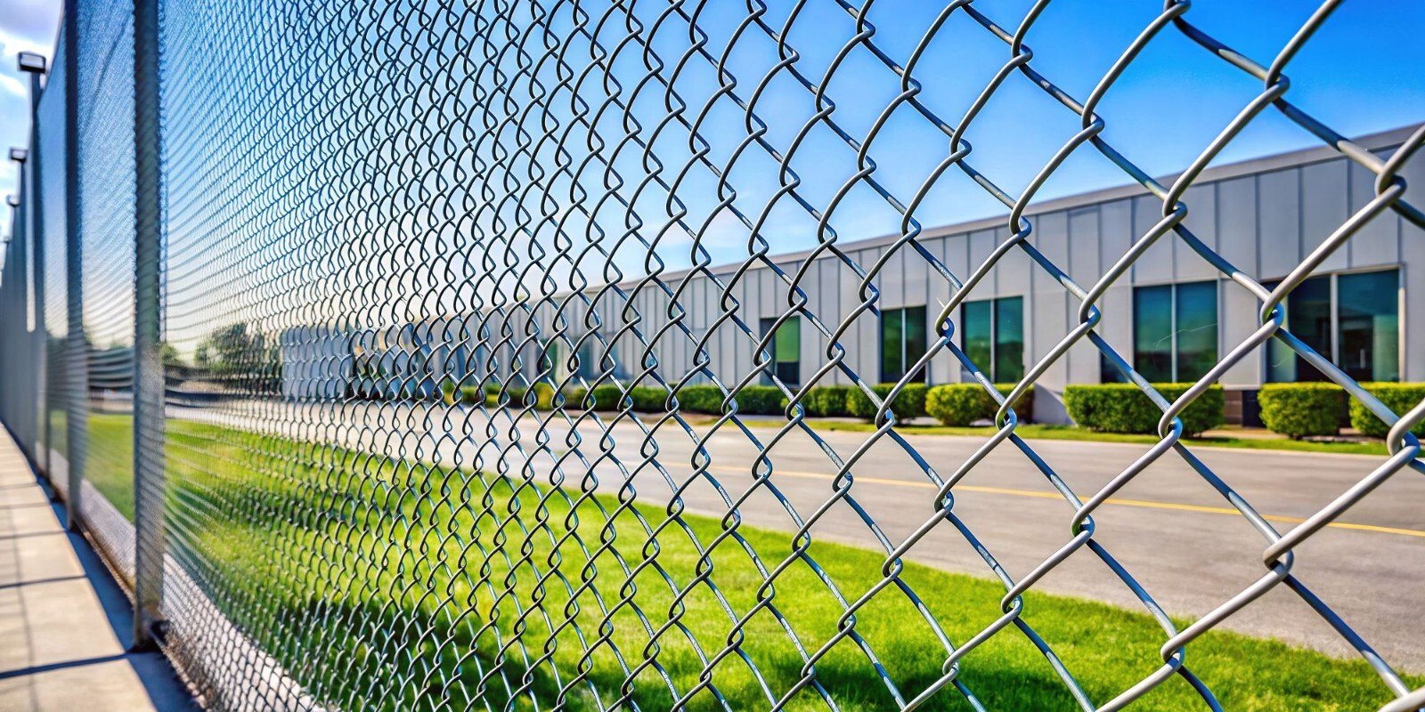 View through a metal chain-link fence showing a commercial building with large windows, well-maintained bushes, and a paved parking lot under a clear blue sky.