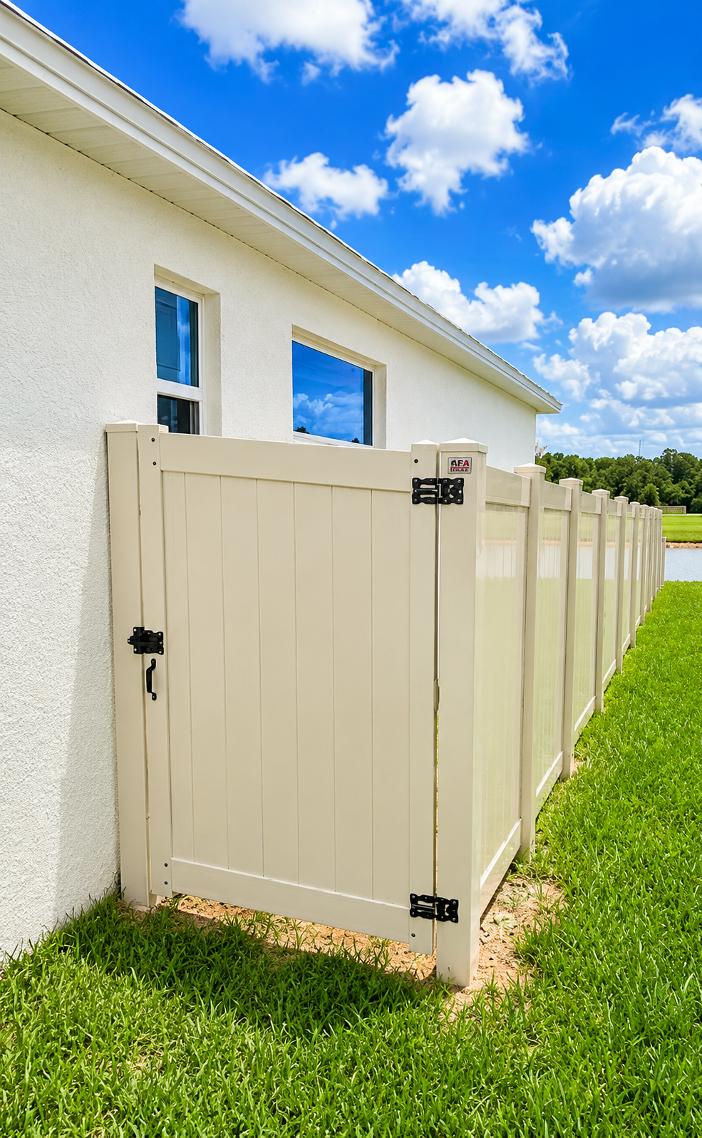 White house with textured exterior wall, two windows reflecting blue sky, a white fence, green lawn, and a partly cloudy sky.