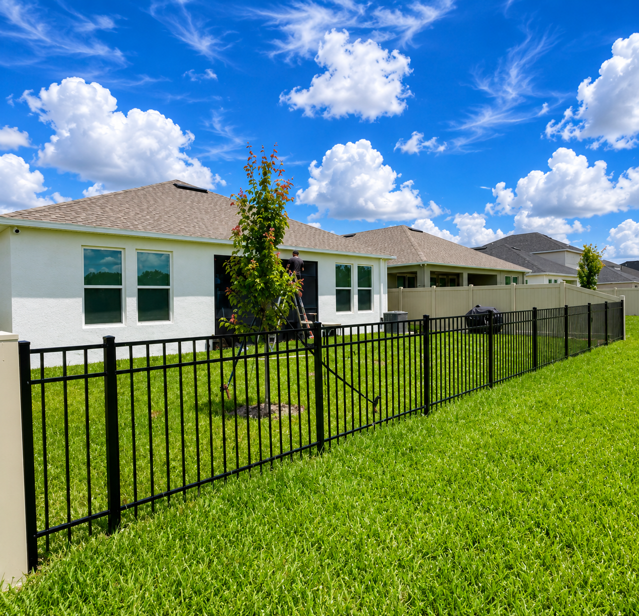 A backyard with a metal fence, green grass, and a white house with large windows. A person is installing a screen or window at the back of the house on a ladder. There are trees, a barbecue grill, and a blue sky with clouds.