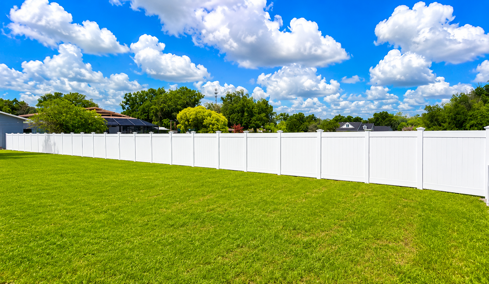 A backyard with a green lawn, white vinyl fence, and houses with trees and a partly cloudy sky in the background.