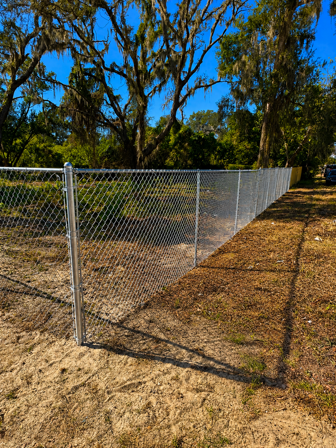 A silver chain-link fence running along a dirt area with trees and bushes in the background under a blue sky.