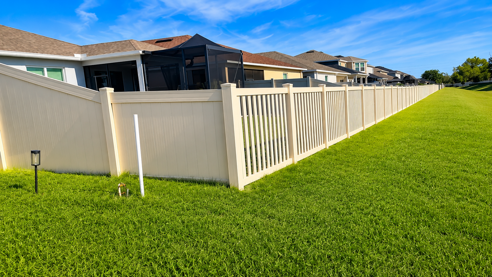 Backyard with a white fence, houses with screened porches, green grass, and a blue sky with some clouds.