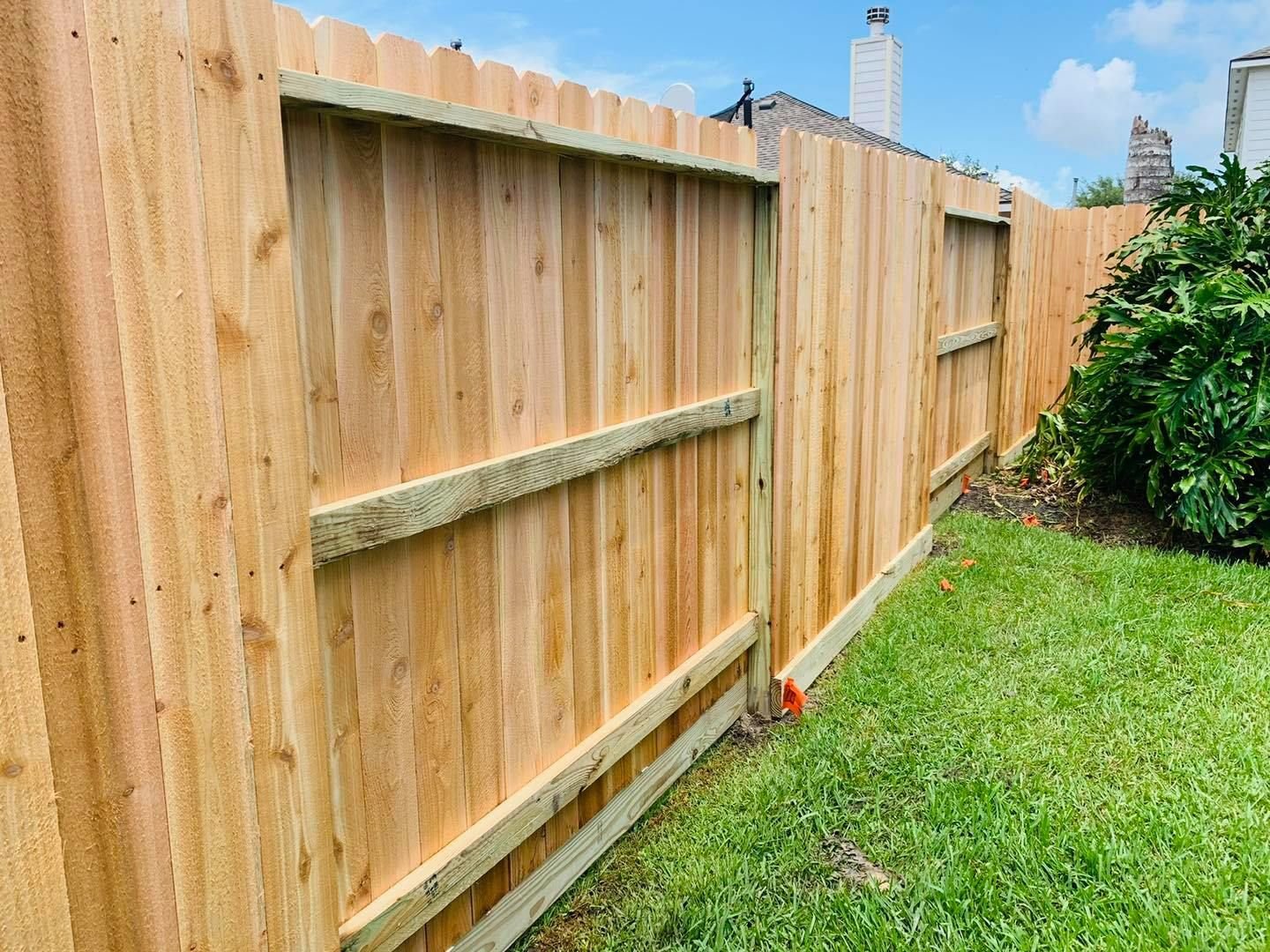 A new wooden privacy fence in a backyard with green grass and shrubbery, under a blue sky with some clouds.