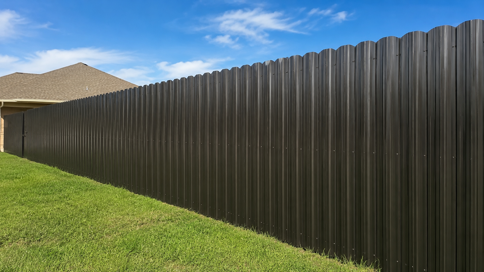 A tall black metal fence runs along a grassy yard with a house in the background, under a blue sky with some clouds.