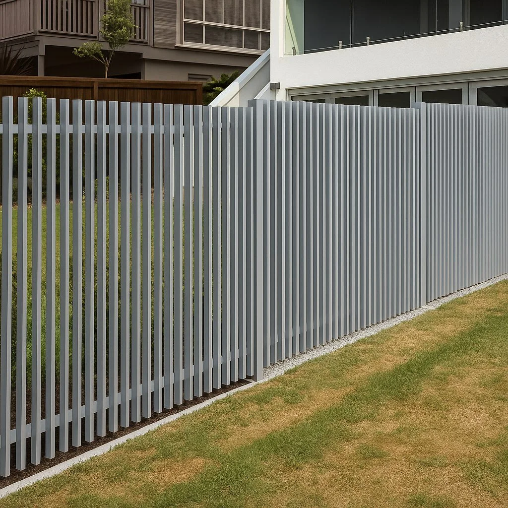 A modern outdoor fence made of vertical metal slats, with a grassy lawn in front and contemporary apartment buildings in the background.