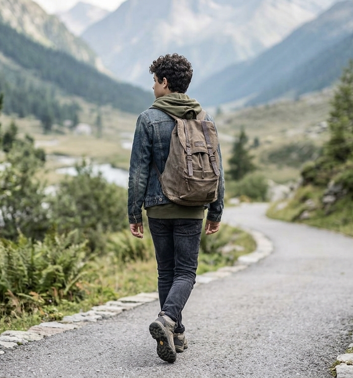 A person with curly hair wearing a denim jacket, green hoodie, dark jeans, and hiking shoes, carrying a brown backpack, walking on a winding trail in a mountainous landscape with trees and cloudy sky.