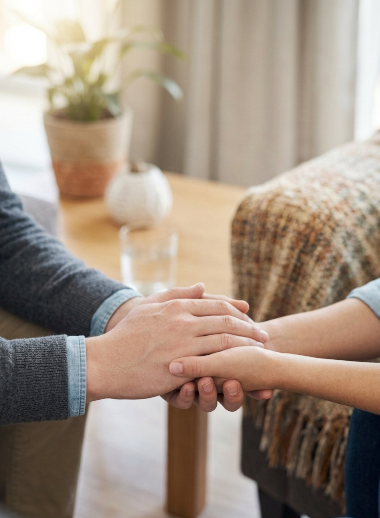 Two people holding hands, sitting across from each other at a table in a cozy room.