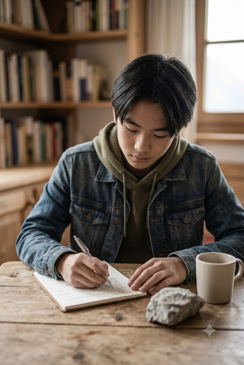 A young man reading and writing in a notebook at a wooden table with a mug and a rock. There are bookshelves and a window in the background.