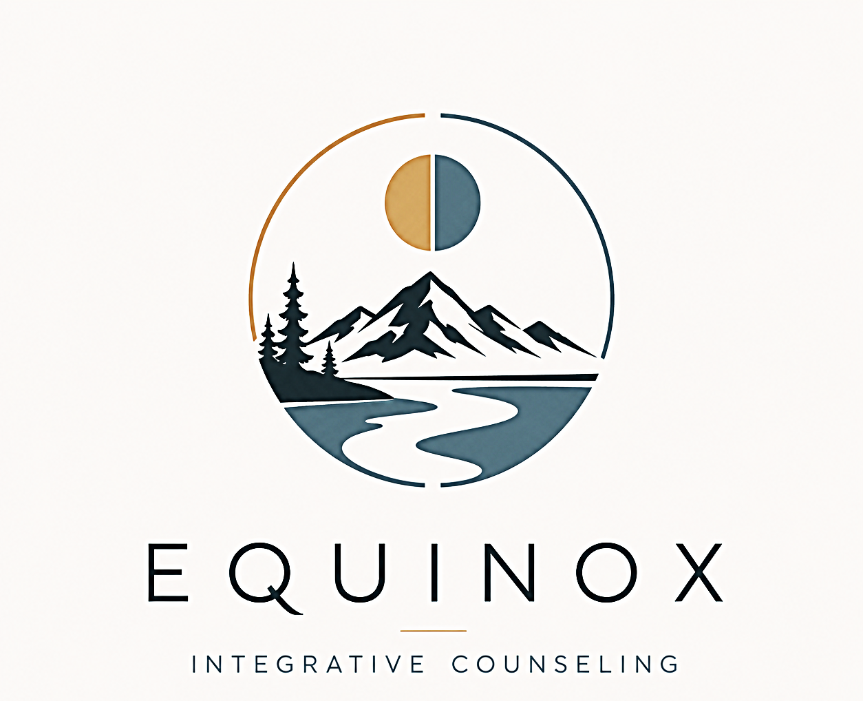 Logo for Equinox Integrative Counseling featuring stylized mountains, trees, a river, and a sun or moon in a circular design.