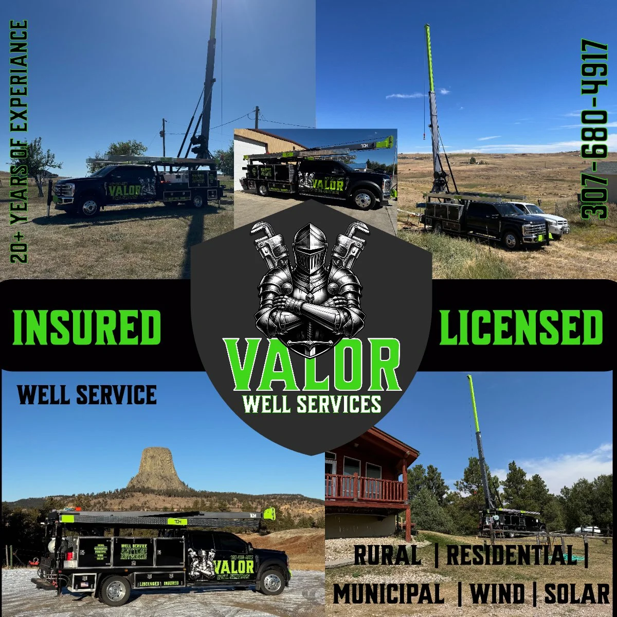 Collage showcasing Valor Well Services with images of service trucks and equipment in various outdoor settings, including a rural area, a house, and open fields. The collage features text highlighting over 20 years of experience, licensing, insurance, and services for well service, wind, solar, municipal, residential, and rural needs.
