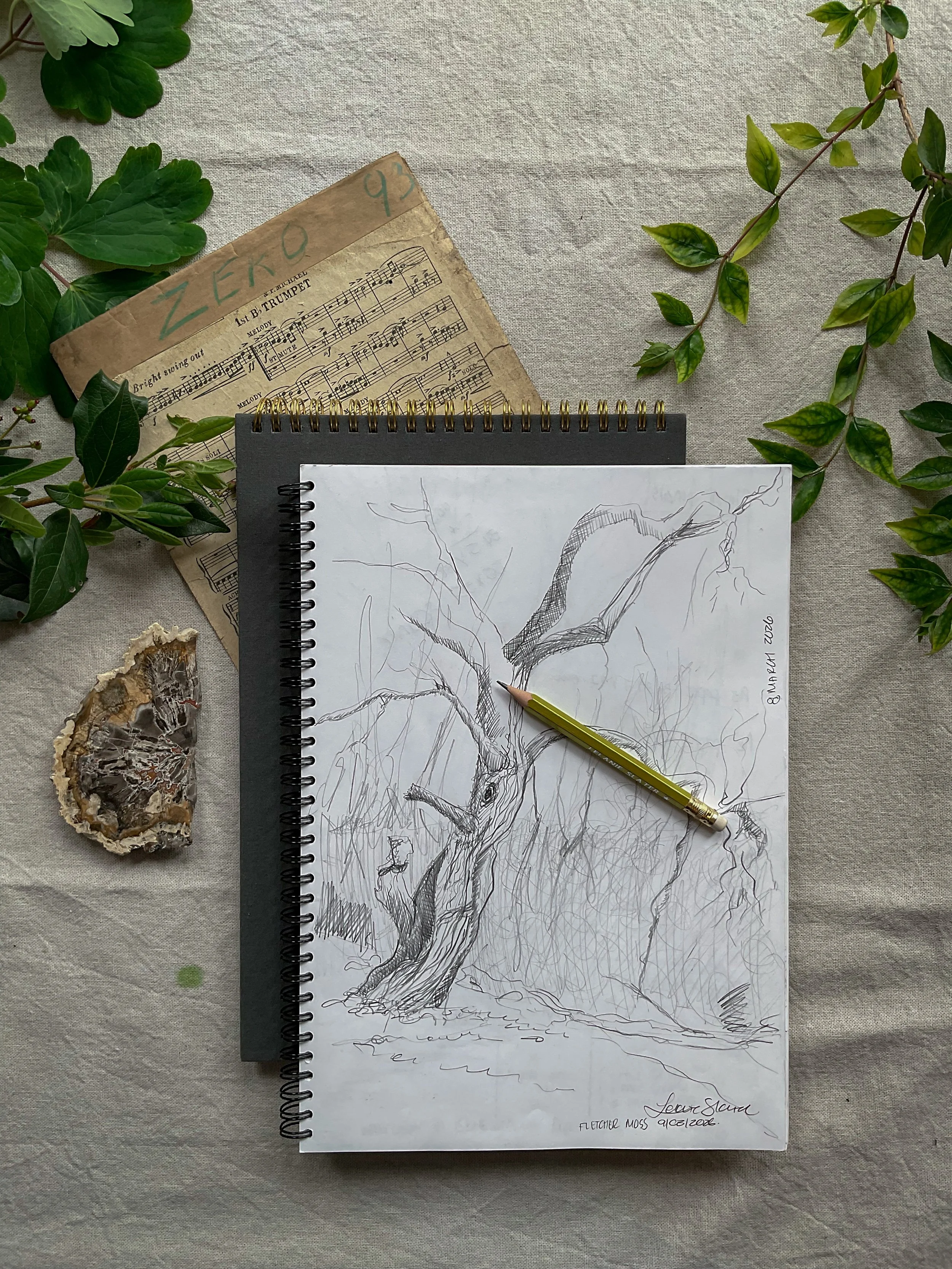 A sketch of a moss-covered tree on a spiral notebook with a green pen resting on it, surrounded by green leaves and a piece of agate on a beige fabric background.