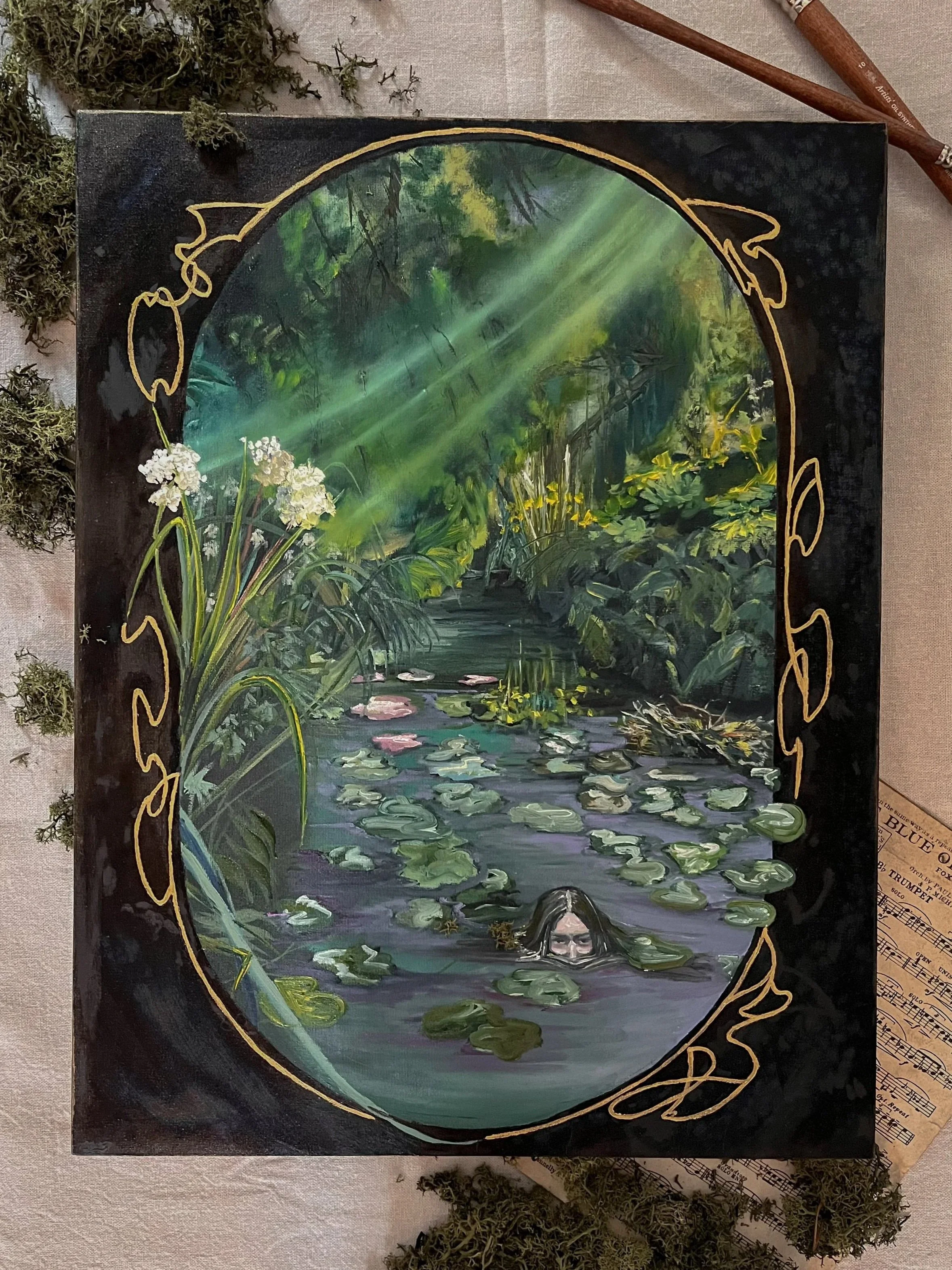 Painting of a woman swimming in a pond with green lily pads and white water lilies, surrounded by lush greenery and illuminated by sunlight, with a black border decorated with gold outlines.
