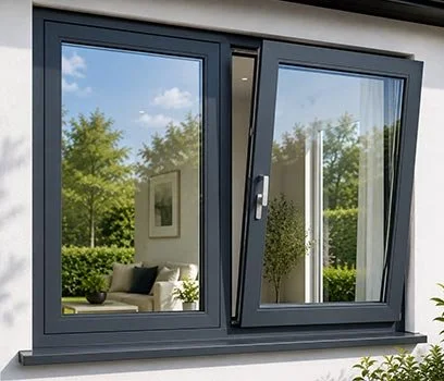 A window with an open tilt-and-turn sash showing a garden with trees and a sofa inside.
