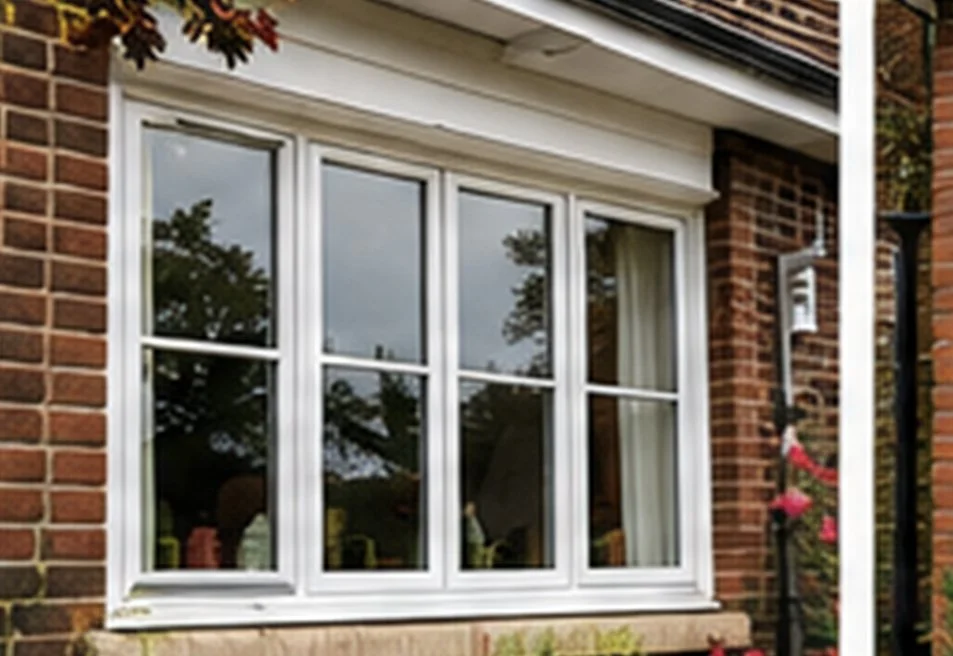 Close-up of a large white-framed window on a brick house with curtains inside and trees reflected in the glass.