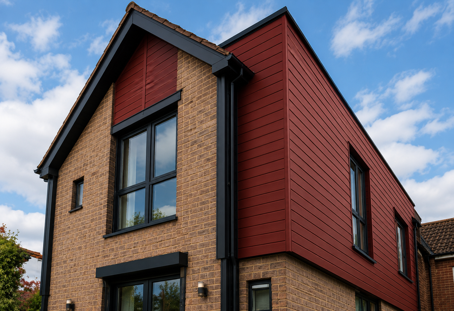 Close-up of a modern corner house with brick and red wooden siding and black window frames, under a partly cloudy sky.