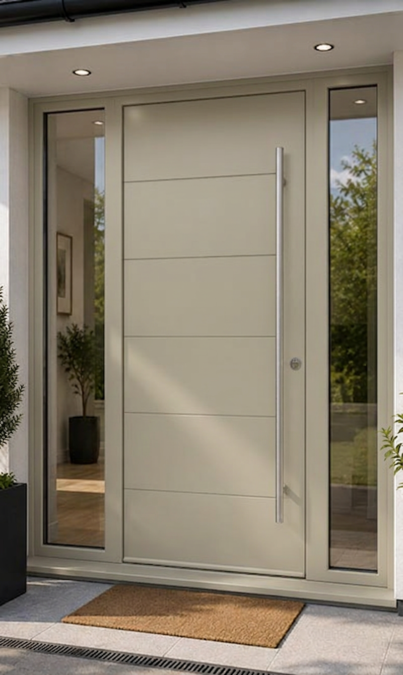 Modern front door with horizontal panels, large vertical metal handle, side glass panels, and a brown doormat outside.