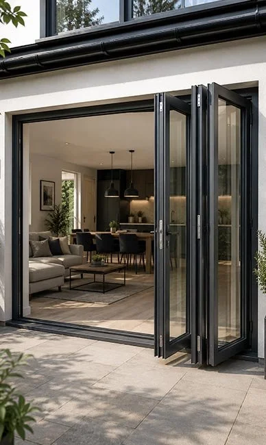 Interior of a modern living room with a dining area, seen through open glass folding doors from an outdoor patio.