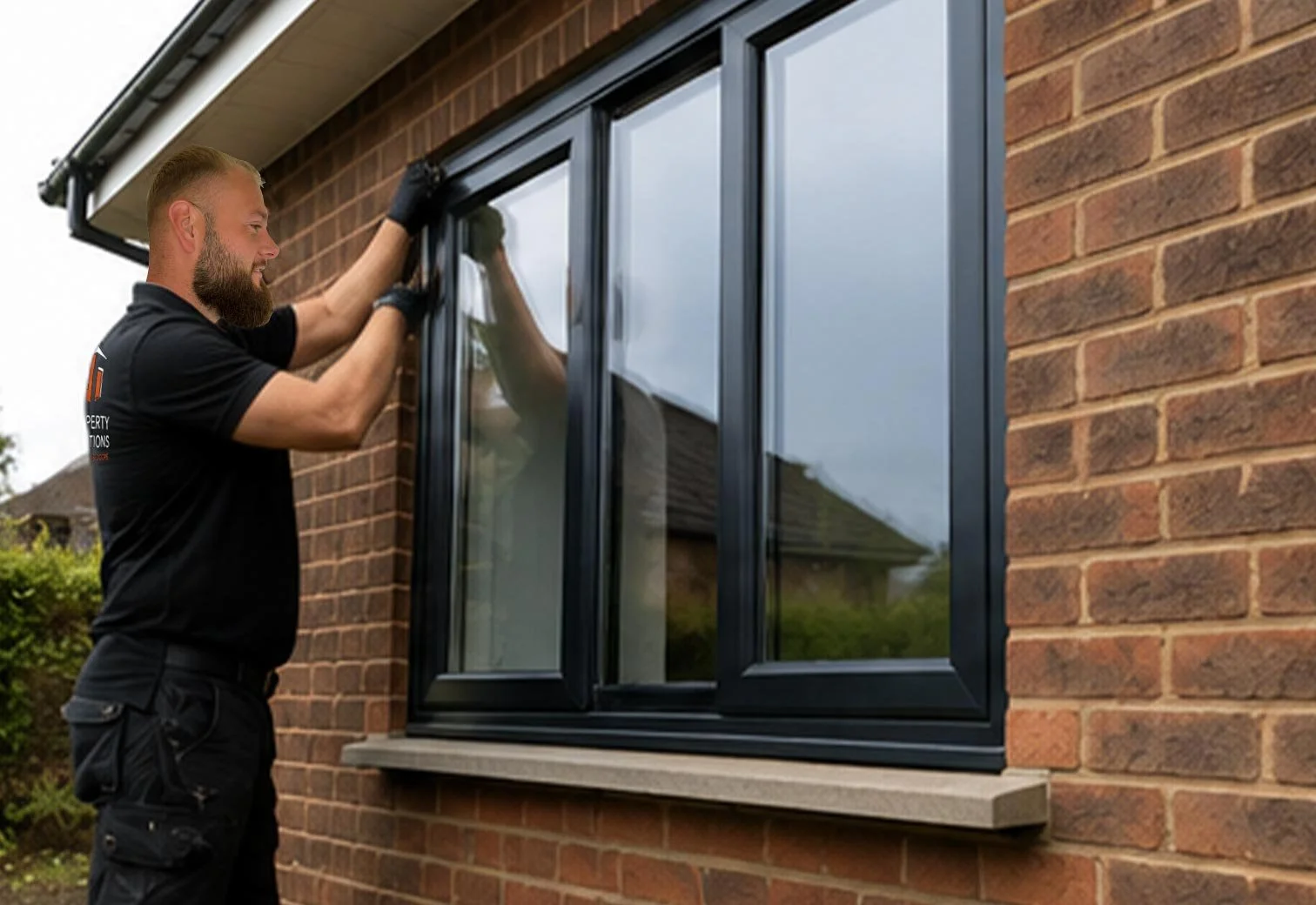 A man installing a black-framed window on a brick house exterior.