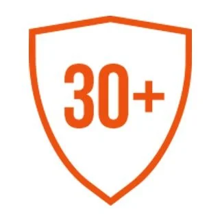 Shield icon with '30+' in the center, indicating protection or coverage for over 30 units.