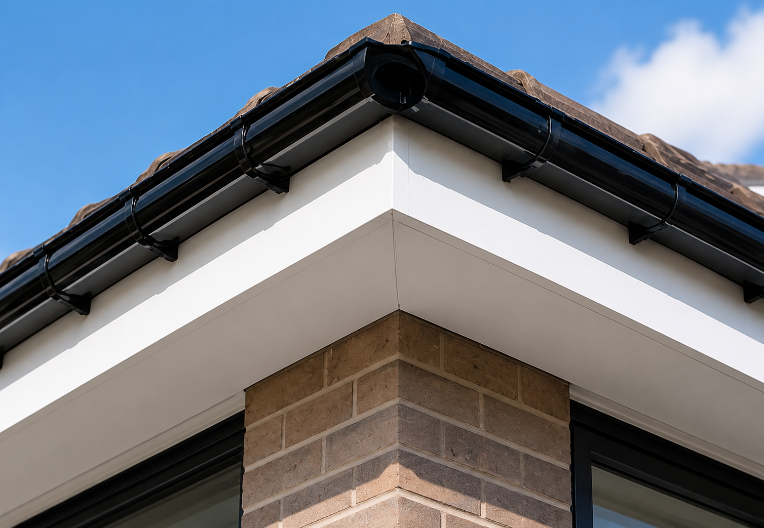 Close-up of the corner of a house roof showing black gutter, white soffit, brick wall, and part of window against a blue sky.