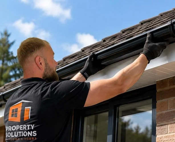 A man installing or adjusting a black gutter on a residential house with a brick wall and a window, under a partly cloudy sky.