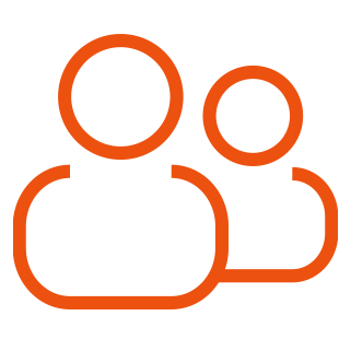 Icon of two orange outline figures representing people, one larger and one smaller, against a black background.