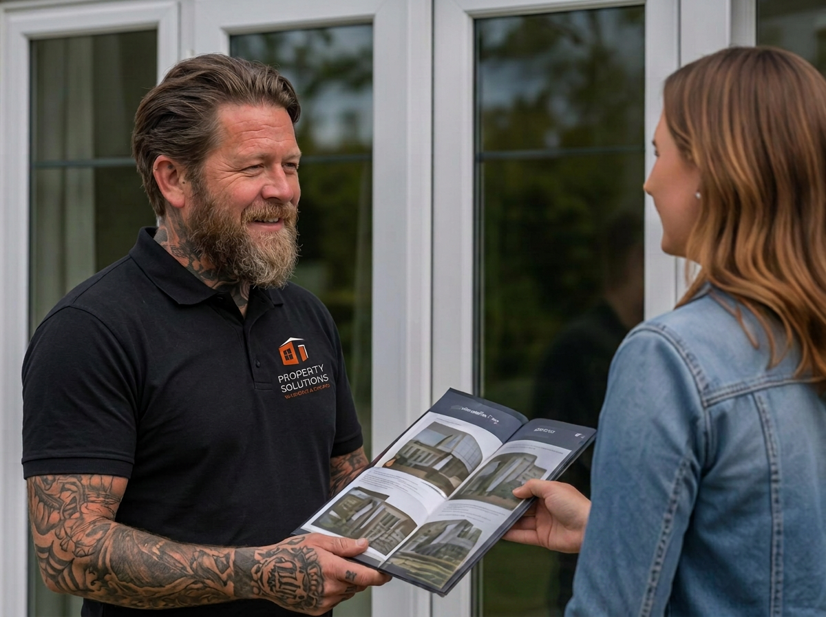 A man with tattoos and a beard, wearing a black polo shirt with a logo, is smiling and talking to a woman with red hair and a denim jacket. They are standing outside near a large window. The man is holding a brochure with images of modern homes.