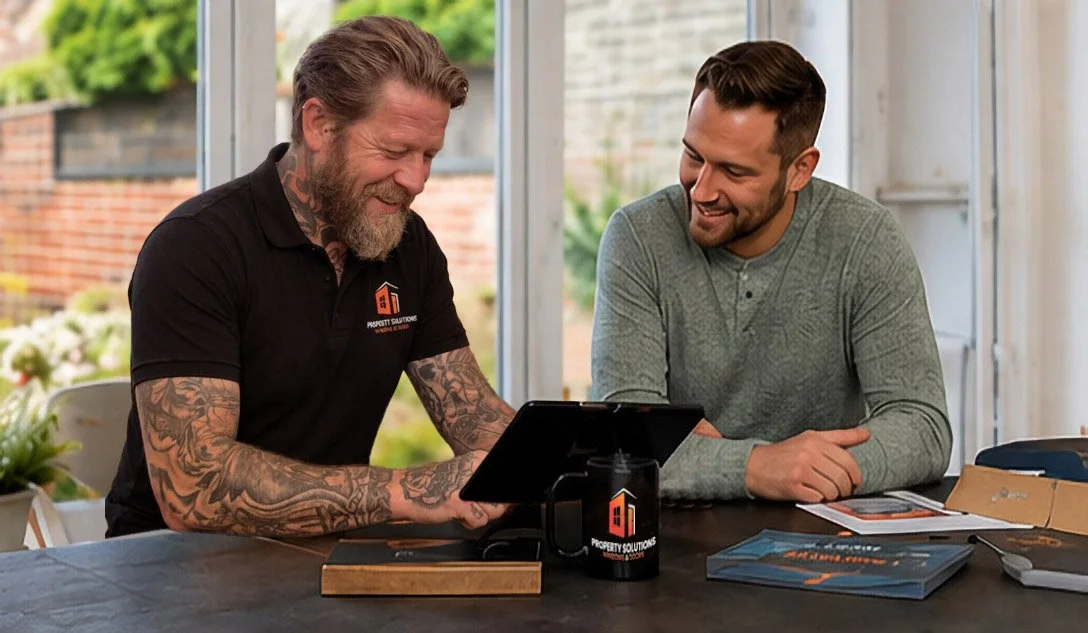 Two men sitting at a table, discussing property solutions on a tablet, smiling, with property brochures and a black mug that has a property solutions logo.