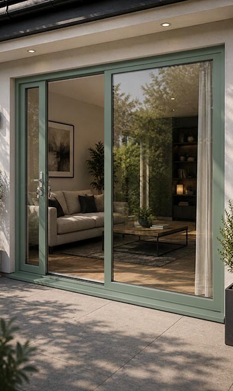 View through sliding glass door into modern living room with sofa, artwork, and bookshelves