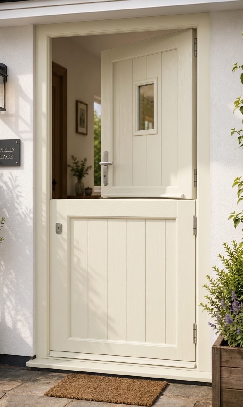 Cream-colored front door with a small window at the top, open to reveal an interior hallway with framed artwork and a vase with greenery. A brown doormat is in front of the door, and there are plants on the right side.