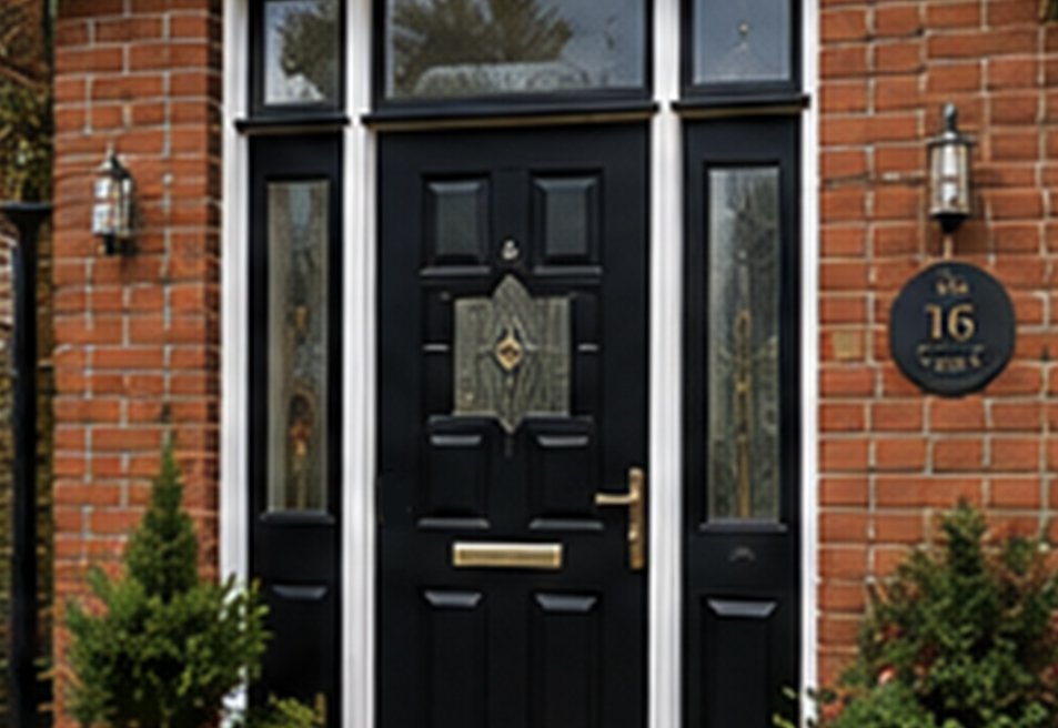 A black front door with decorative glass window panels, brass handle and letterbox.