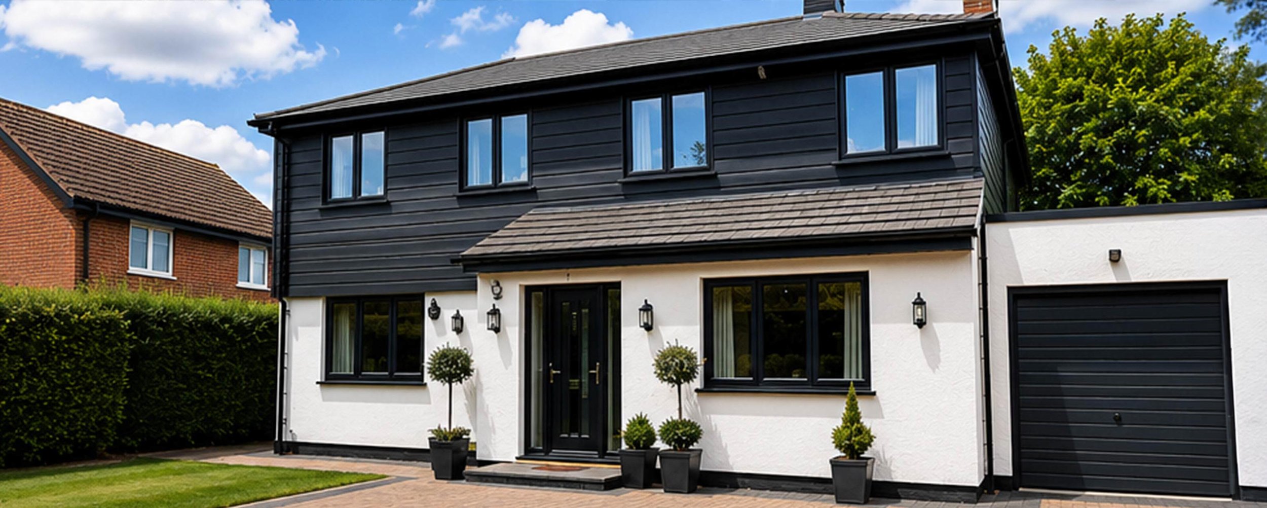 Modern two-story house with black and white exterior, black window frames, and a black front door. There are potted plants and outdoor wall lamps, with a well-manicured lawn and hedge in front.