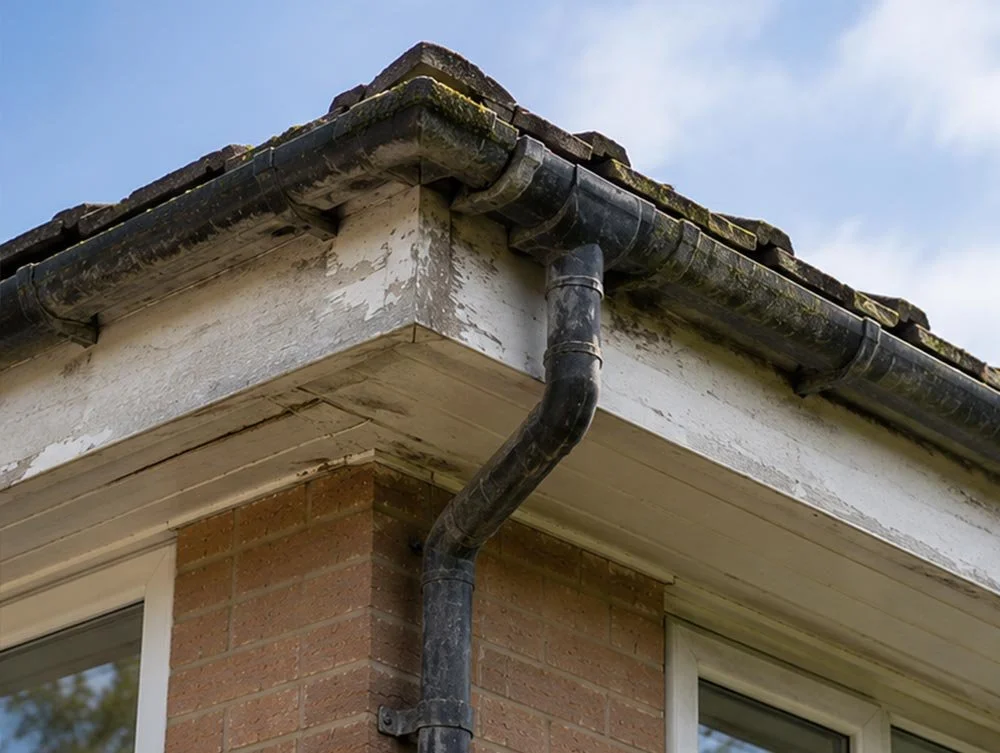 Close-up view of the corner of a house roof showing black rain gutters, a downspout, and weathered white and brick exterior walls.
