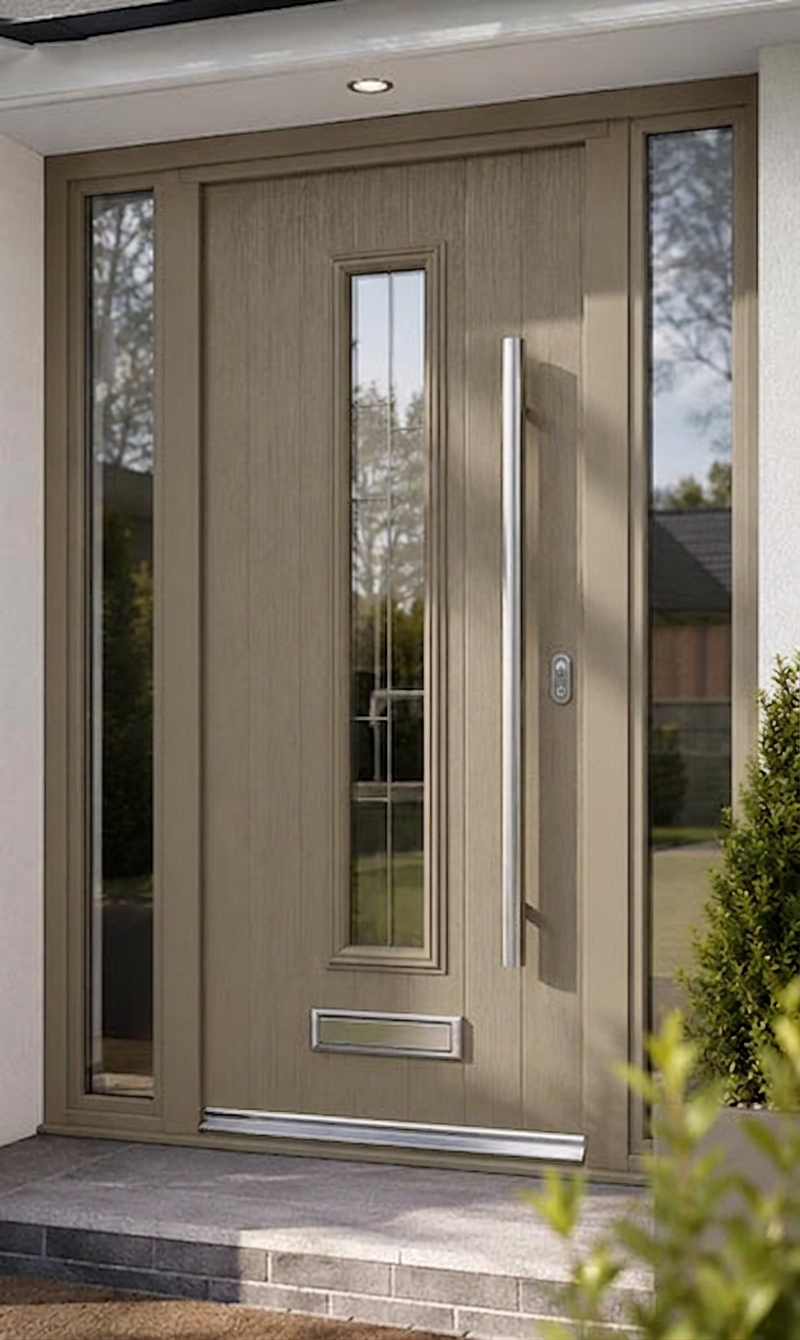 Front door with a vertical handle, window panels, and a mail slot, surrounded by glass side panels and framed by a modern house exterior.
